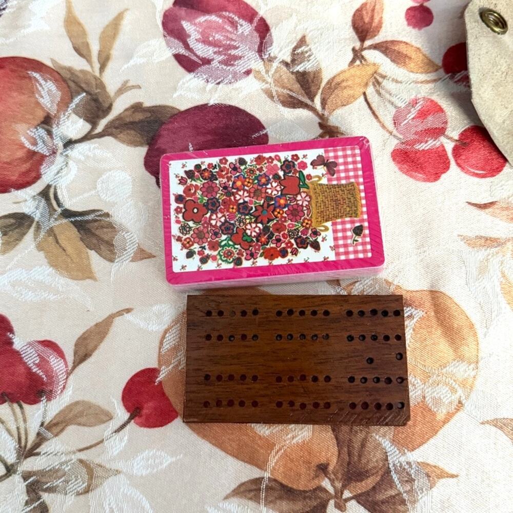 70s 80s Travel Cribbage Set Handmade Maroon Leather Case Wood Board Sealed Cards